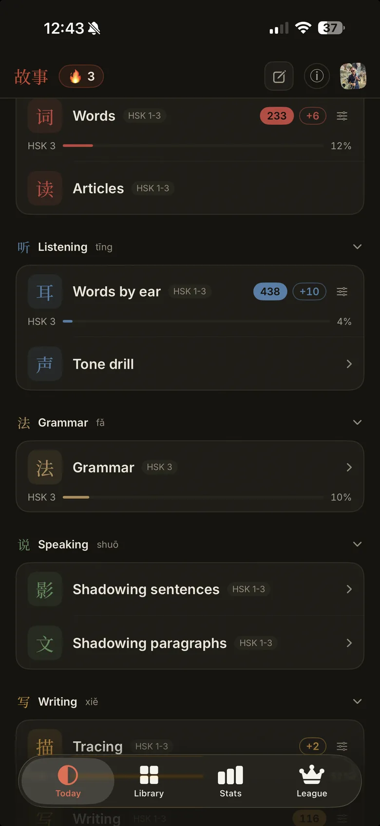 The Gushi Today screen: the decks grouped by skill: words and articles under reading, words by ear and the tone drill under listening, then grammar, sentence and paragraph shadowing under speaking and tracing under writing, each with how far HSK 3 has come.